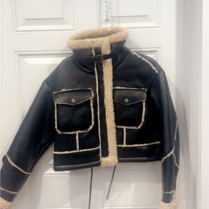 Black and Cream Leather Jacket with High Collar